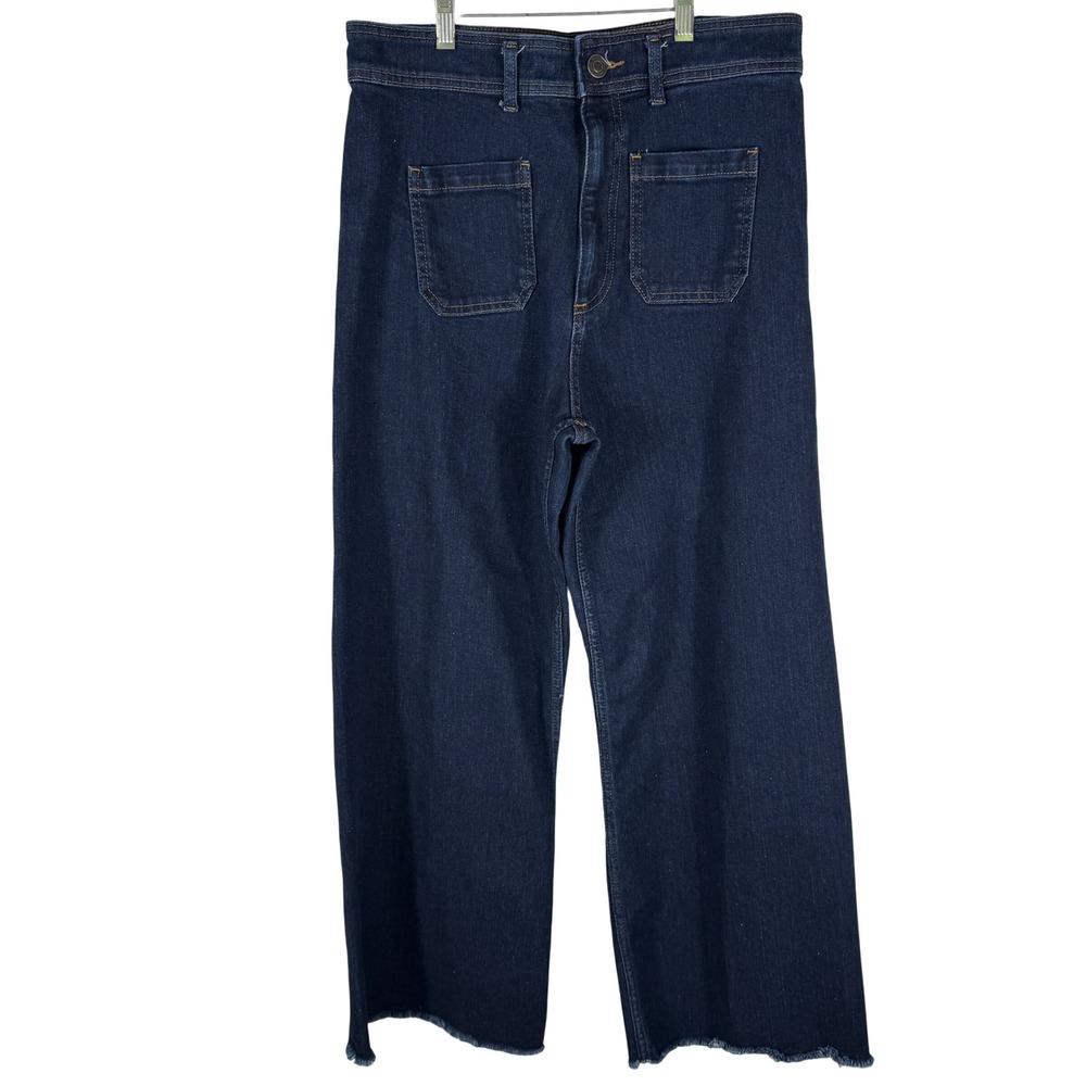 Zara ZW High Waist Marine Straight Pocket Jeans Womens 12 Dark Indigo Wide Leg